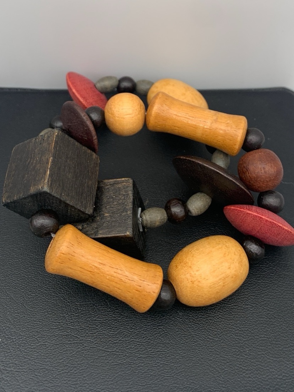 2 Multicolor Wooden Bead Stretch Bracelet — Earthy Red, Brown & Natural Tones